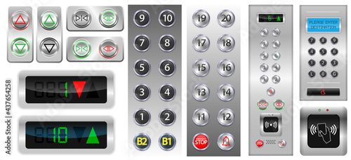 realistic elevators buttons with chrome metal door