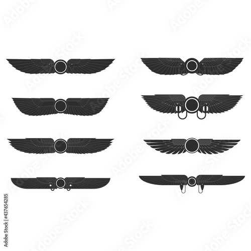 vector monochrome icon set with ancient egyptian symbol Winged sun for your project