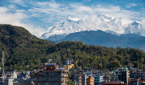 Pokhara cityscape with the Annapurna mountain range covered in snow at central Nepal, Asia © Michalis Palis