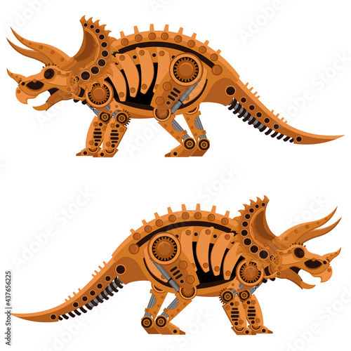 Triceratops drawing in steampunk style. Vector illustration on the theme of dinosaurs on a white isolated background.