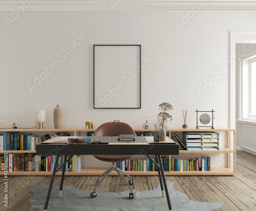modern contemporary study are with mockup poster. 3D Rendering