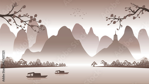 Silhouette design of China nature scenery with computer art