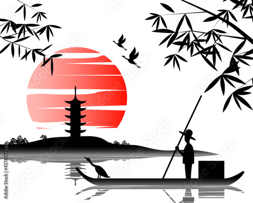 Japanese art with ancient design of fisherman on the boat and the beautiful nature of Japan