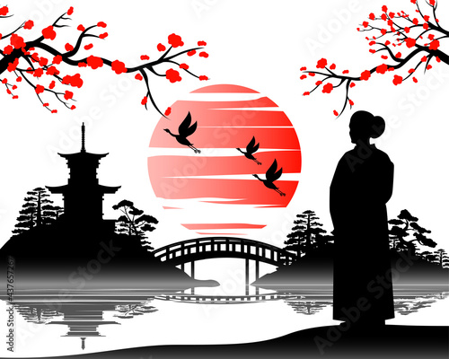 Japanese art with ancient design of kimono woman looks to the pagoda