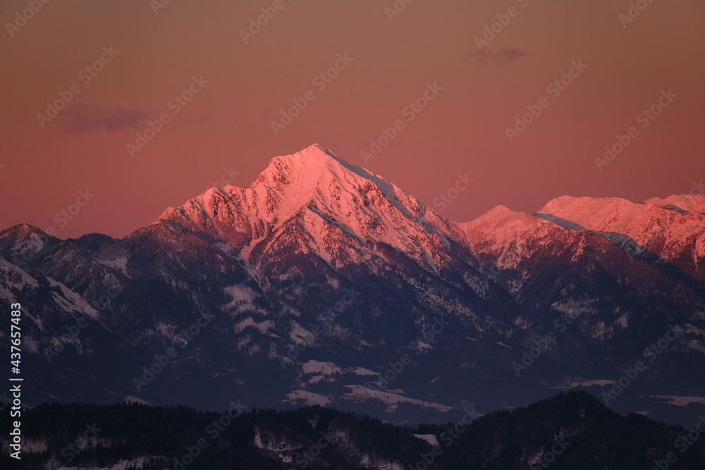 Storzic mountain in red sunset in Slovenia