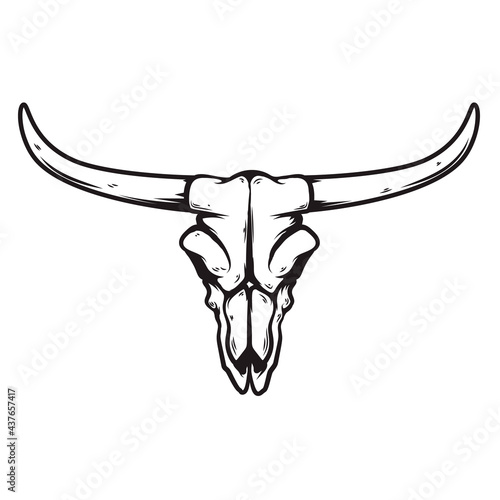 Illustration of buffalo skull in monochrome style. Design element for logo, label, sign, emblem. Vector illustration