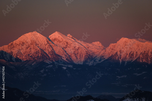 Kamnik-Savinja alps in Slovenia in red sunset
