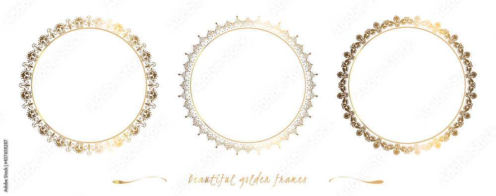 Set golden round frames. On white background. Collection of vector templates. Modern style. Vintage vector illustration. Festive decor. Set golden round frames. On white background. Collection of vector templates. Modern style. Vintage vector illustration. Festive decor.