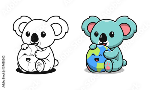 Fototapeta Naklejka Na Ścianę i Meble -  Cute koala with earth cartoon coloring pages for kids