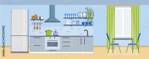 Cozy kitchen interior with table, window, stove, cupboard, dishes and fridge. Furniture design banner concept. Dining area in the house, kitchen utensils. Illustration slide for furniture site