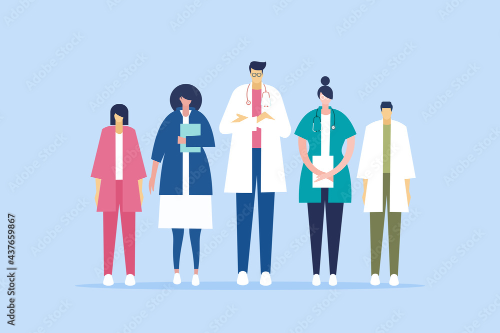 Illustration of a team of medical professionals standing together Illustration of a team of medical professionals standing together