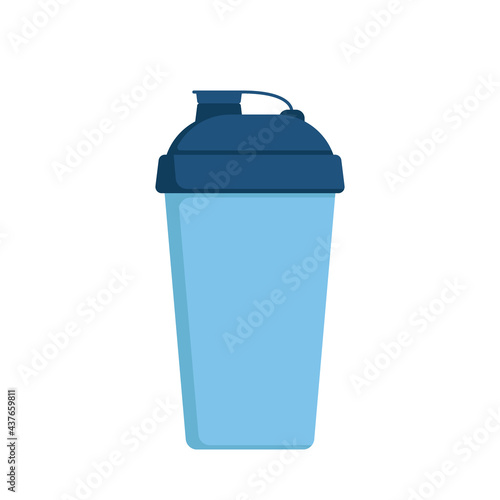 Sports shaker bottle with protein whey drink icon. Shake mug for protein cocktails. Personal refillable sports and fitness container, thermos or cup for energy beverage, coffee, tea to go. Vector flat