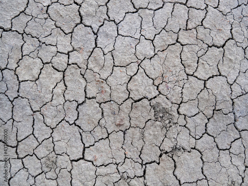 Full screen texture of gray cracked earth. Many small deep cracks in the clay soil. The concept of drought and heat, the destruction of the ground. Image for editing and design.