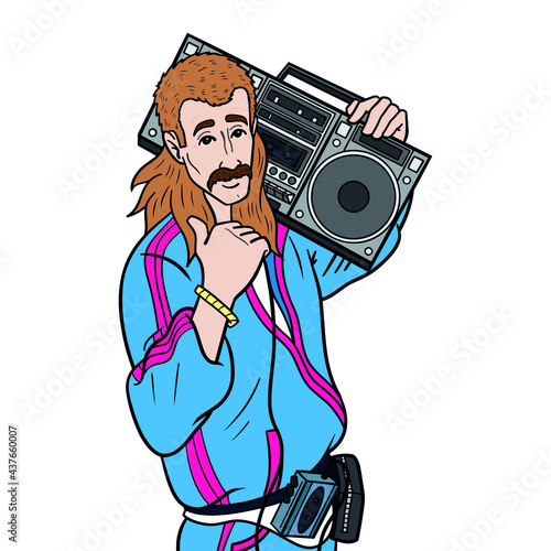 casual man with mullet and training jacket holds boombox on his shoulder. upper body, 80s, isolated.