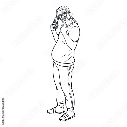 man with mullet and old phone in hand. 80s, monochrome, comic.