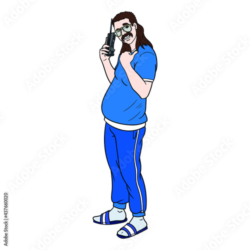 man with mullet and old phone in hand. 80s retro vector isolated comic.
