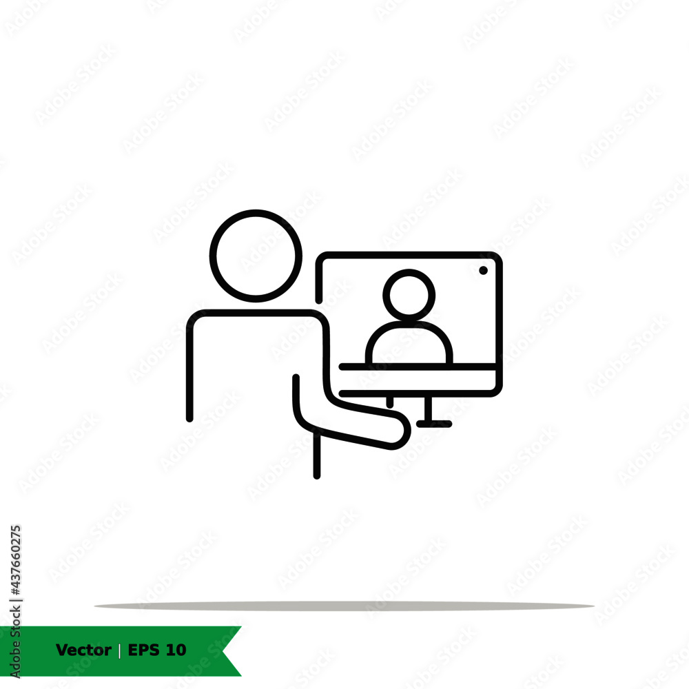 Editable real line icon of stick figure people working from home on their computer communicating with their colleagues in on a online server. Vector Line Icon EPS 10 Editable real line icon of stick figure people working from home on their computer communicating with their colleagues in on a online server. Vector Line Icon EPS 10