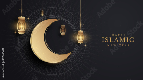 Elegant islamic new year creative poster background. lamp and half moon golden on pattern white feeling about luxury concept. vector illustration for design.