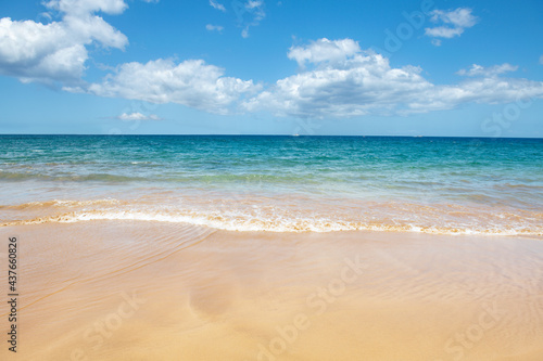 Calm sea beach background. Summer tropical beach with sand. Ocean water. Natural seascape.