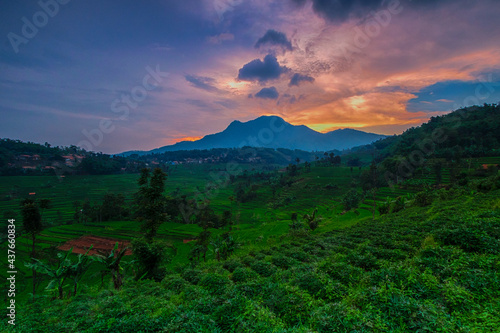 beautiful view of gardens, rice fields and Mount Manglayang in Sukasari - Sumedang. photo