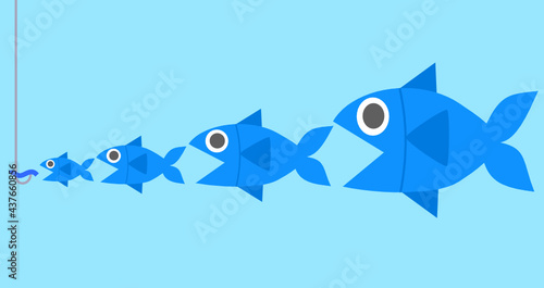 Big fish eat little fish.Food chain.Fish with bait.Shark in the sea.Business concept.Flat cartoon.Sign, symbol or logo isolated.Poster or presentation.Vector illustration.Underwater and background.