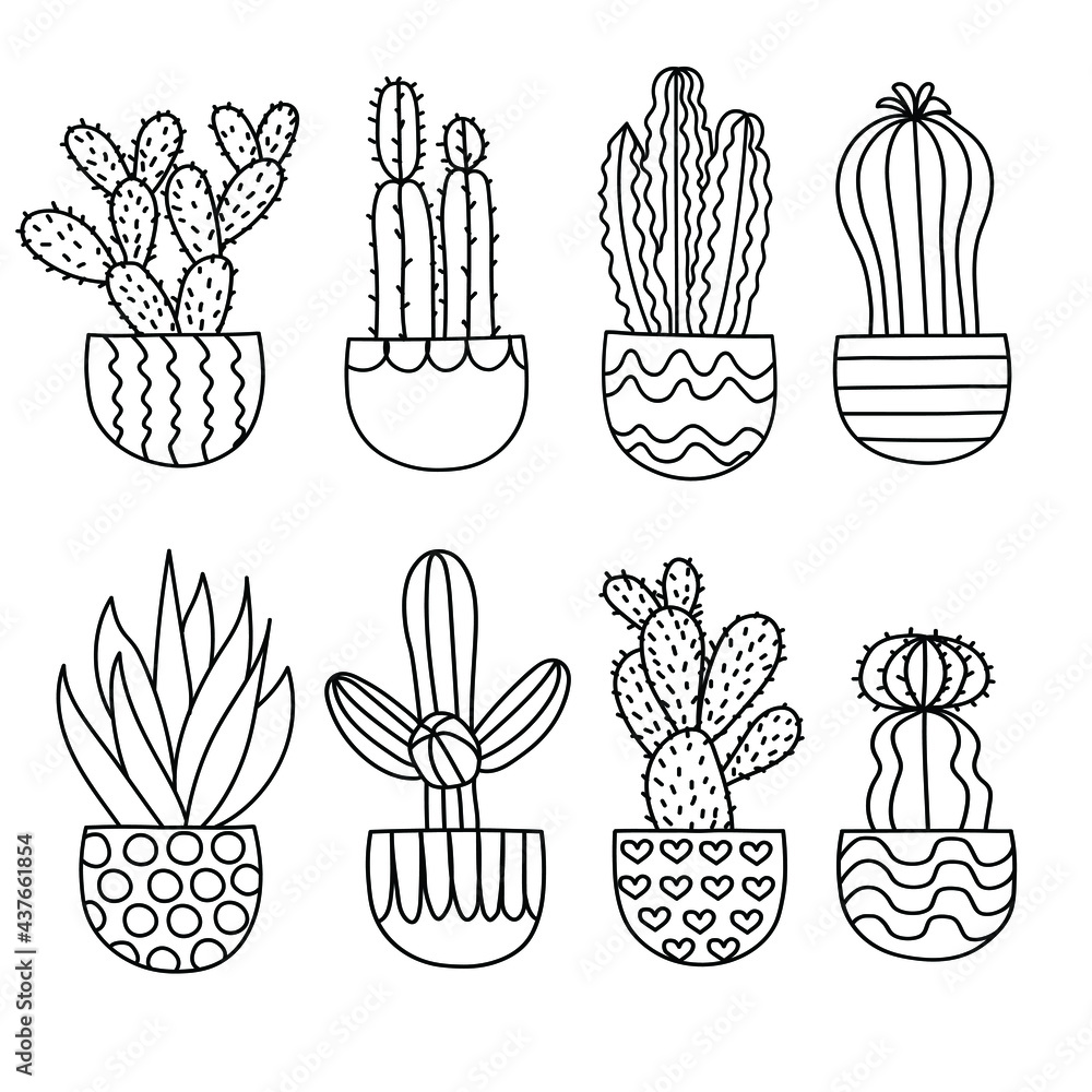 Fototapeta premium Hand drawn cute cactus plant set on white background. Vector illustration in doodle art style