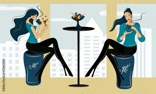 Cozy coffee shop against the backdrop of the cityscape. Two stylish girls are drinking coffee. The ladies are sitting on large glasses of drinks. Vector for presentations of cafes, bars, restaurants.