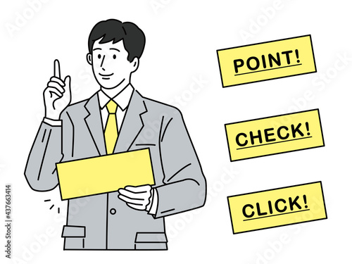 ポイント、注目、発表を表す男性のイラスト(ビジネス、クリック、チェック、アイデア、閃き、発見) Illustrations of men representing points, attention, and presentations (business, clicks, checks, ideas, discoveries)