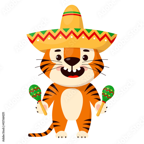Cute cartoon smiling tiger with sombrero and maracas. Symbol of 2022, year of the tiger. Vector illustration isolated on white background