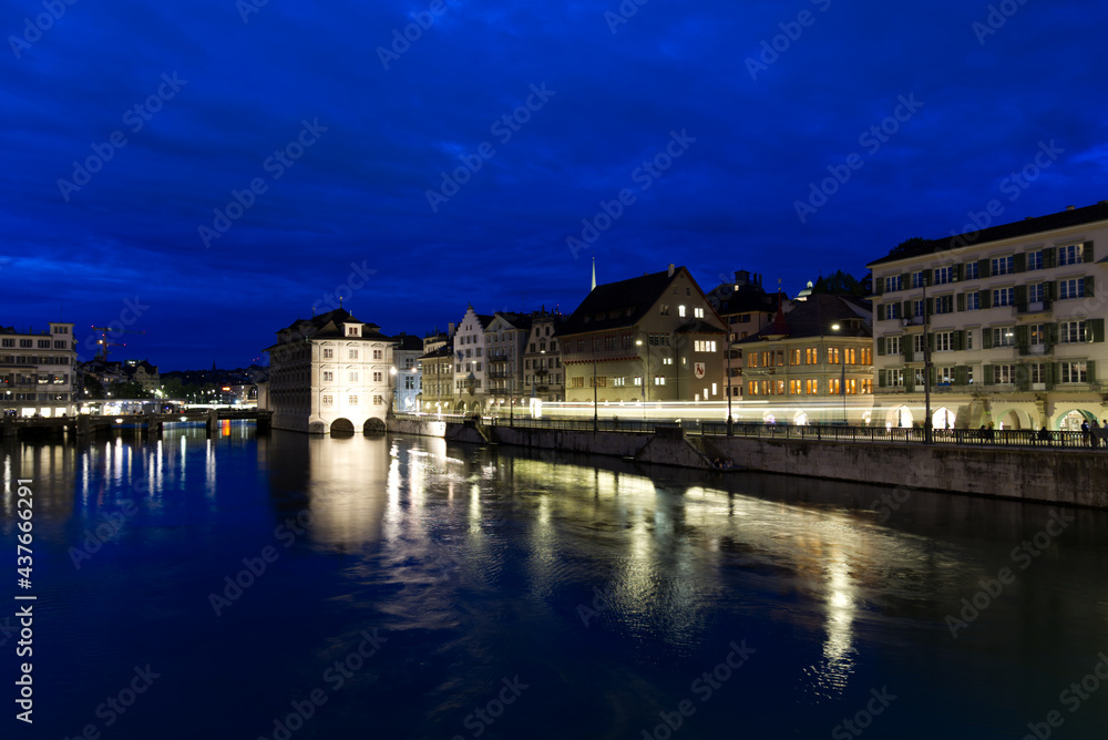 Old town of Zurich by night with river Limmat at summertime. Photo taken June 5th, 2021, Zurich, Switzerland.