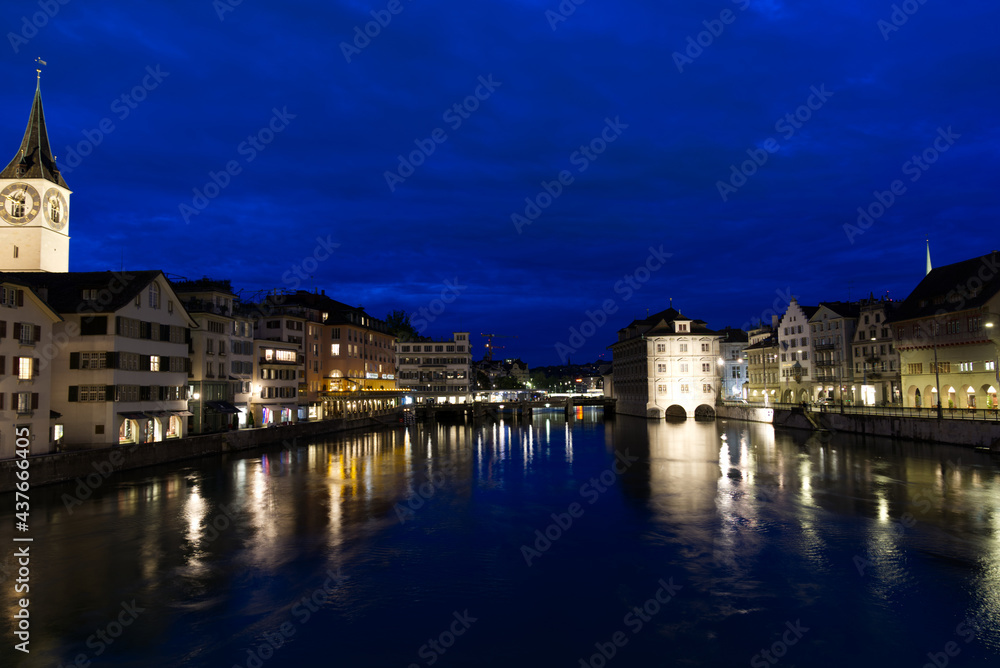 Old town of Zurich by night with river Limmat at summertime. Photo taken June 5th, 2021, Zurich, Switzerland.