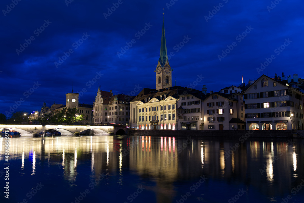 Church Fraumünster (Women's Minster) at the old town of Zurich at Saturday night at summertime. Photo taken June 5th, 2021, Zurich, Switzerland. Church Fraumünster (Women's Minster) at the old town of Zurich at Saturday night at summertime. Photo taken June 5th, 2021, Zurich, Switzerland.