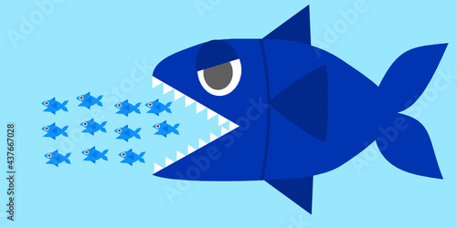 Big fish eat little fish.Food chain.Shark in the sea.Business concept.Flat cartoon.Sign, symbol or logo isolated.Poster or presentation.Vector illustration.Underwater and background.