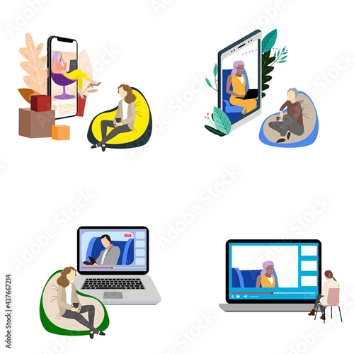 Online visit to psychiatrist concept, various patients and doctors