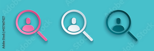 Paper cut Magnifying glass for search a people icon isolated on blue background. Recruitment or selection concept. Search for employees and job. Paper art style. Vector