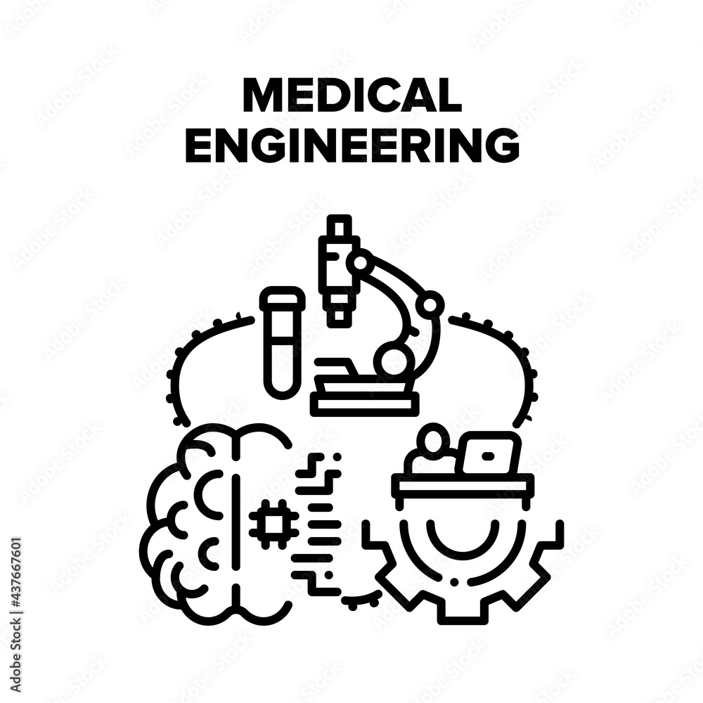 Medical Engineering Process Vector Icon Concept. Medical Engineering And Development, Researching Chemical Liquid With Microscope Laboratory Tool. Science Engineer Work Black Illustration