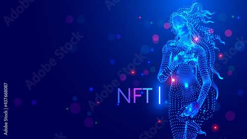 NFT token in artwork. Blockchain technology in digital crypto-art. Investment in cryptographic. Create ERC20 of Digital work of art with block chain token. Investment in crypto art collectibles.