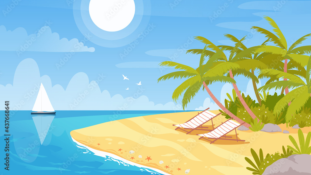 Tropical island landscape, bay sea shore scenery vector illustration. Cartoon idyllic holiday paradise scene, resort lounges and palm trees, sailing ship in blue sea waters on horizon background