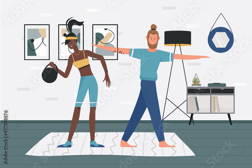 Couple people do physical sport exercises together vector illustration. Cartoon happy woman character in sportswear holding kettlebell, young man standing in asana yoga pose in home room interior