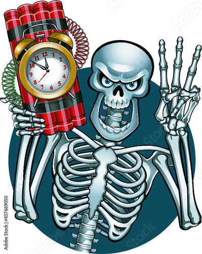 human skeleton holding dynamite bomb stick with timer