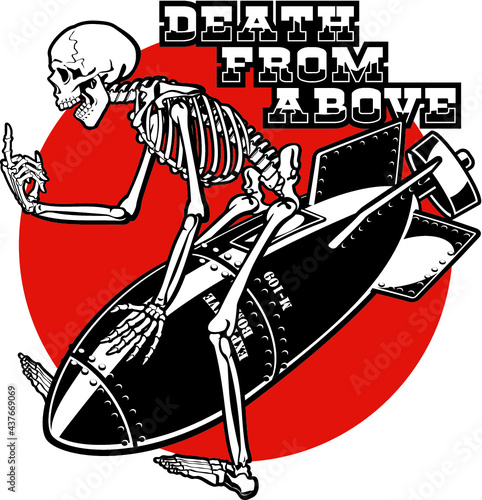 vector illustration of skeleton riding on air bomb 