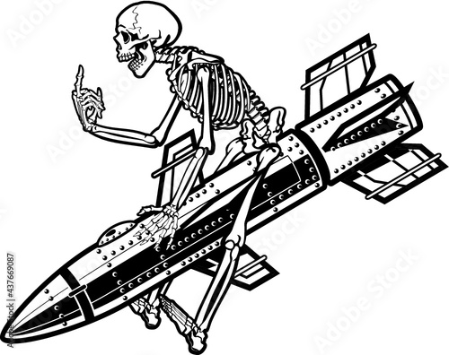 illustration of skeleton riding on a missile