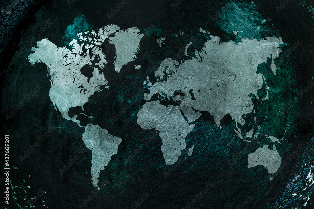 world map in rusty grunge background