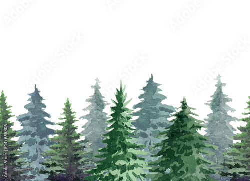 Fir tree seamless border. Watercolor illustration. Hand drawn realistic lush pine border. Green forest plant endless element. Christmas tree border on white background. Evergreen spruce tree forest