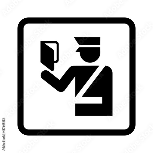 Passport control sign. Immigration symbol. Vector illustration of customs officer with passport.  Passport clearance icon used in airport and border crossing. Information for passenger.