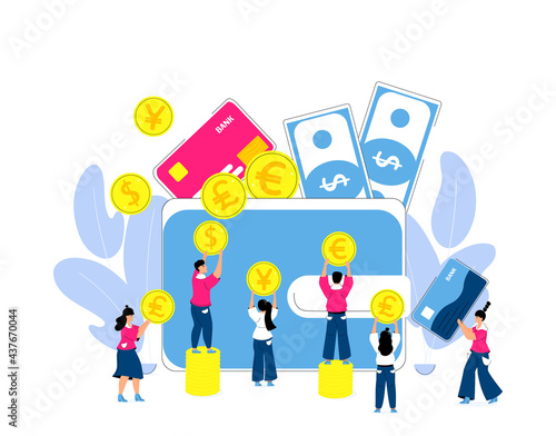 Saving and accumulating money concept. Tiny people put gold coins in a large purse. Investment portfolio