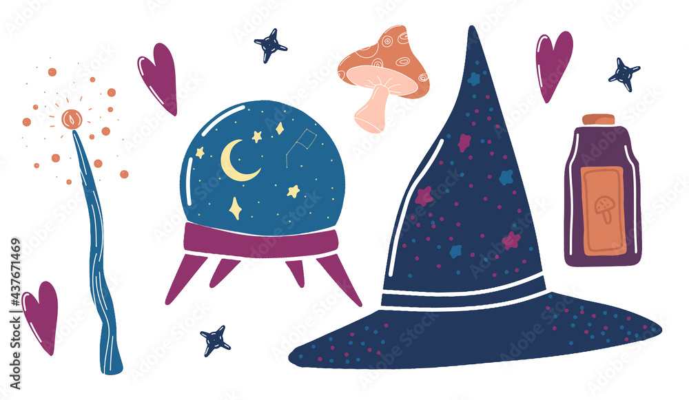 magic set, halloween collection, minimalistic design, halloween party set, witch's cauldron, hat, magic wand, mushroom, potion, magic icons, evil eye amulet, vector graphics, freehand drawings magic set, halloween collection, minimalistic design, halloween party set, witch's cauldron, hat, magic wand, mushroom, potion, magic icons, evil eye amulet, vector graphics, freehand drawings