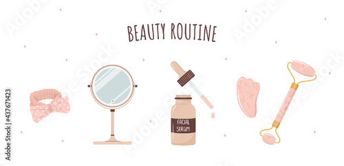 Rose quartz roller and gua sha scraper. Set of facial massage tool. Chinese skin care concept. Morning routine. Vector illustration in flat cartoon style.