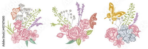 Flower bouquet of pastel shepherd s purse, heather, iris japonica, sakura, gypsophila, almond, lemon butterfly, plain tiger, papilio torquatus, roses