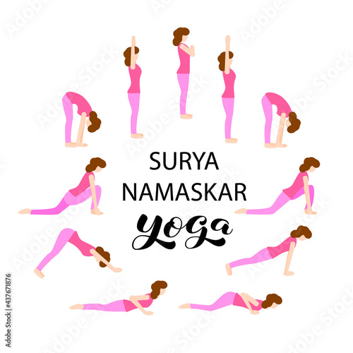 Suria namaskar yoga poster. Woman in pink clothes doing yoga practice vector set